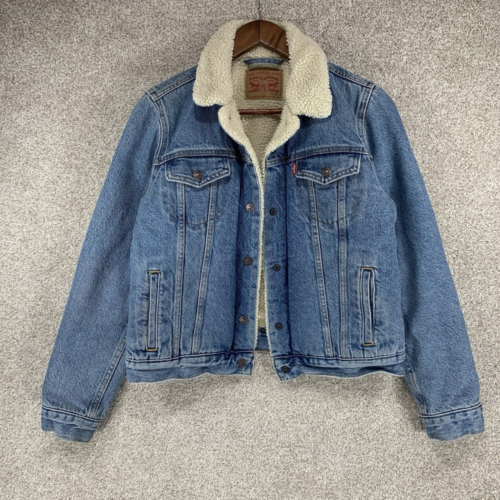 Levi's Women's Sherpa Lined Jacket M Trucker Bomber Light Wash Denim‎ Y2K